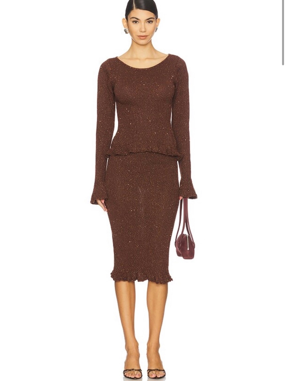 Asta Resort Long Sleeve Michaela Brown Knit Midi Skirt Set
